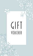 Gift voucher - Schriftzug in englischer Sprache - Gutschein. Gutscheinkarte mit floralem Design in hellen Blautönen.
