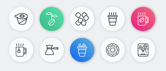 Set line Coffee cup to go, Cup tea with bag, Donut, Sugar cubes, machine and turk icon. Vector