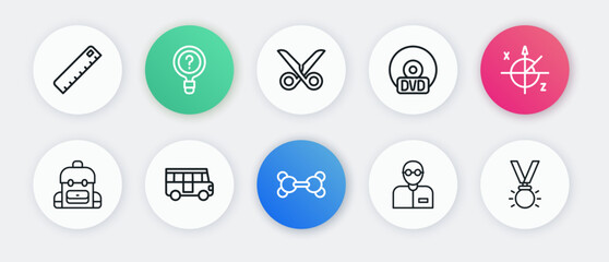 Set line Molecule, Trigonometric circle, School backpack, Teacher, CD or DVD disk, Scissors, Medal and Bus icon. Vector