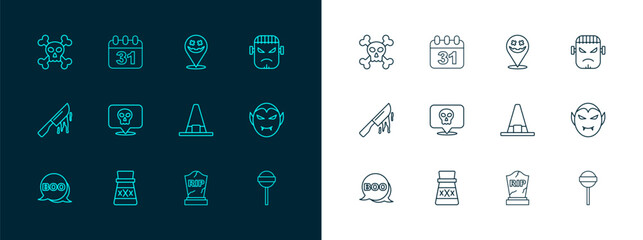 Set line Frankenstein face, Bottle with potion, Witch hat, Tombstone RIP written, Skull, Happy Halloween holiday, crossbones and date 31 october icon. Vector