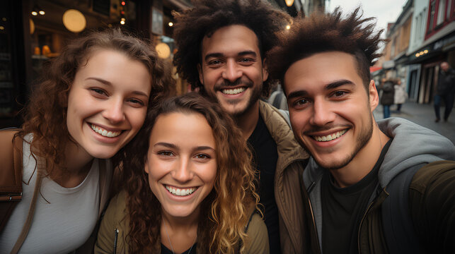 Multikulturelle beste Freunde haben drau&szlig;en Spa&szlig; - Gemischte Gruppe junger Leute l&auml;chelt drau&szlig;en in die Kamera - Freundschaftskonzept mit Jungs und M&auml;dchen, die auf den Stra&szlig;en der Stadt zusammen unte