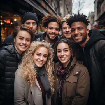 Multikulturelle beste Freunde haben drau&szlig;en Spa&szlig; - Gemischte Gruppe junger Leute l&auml;chelt drau&szlig;en in die Kamera - Freundschaftskonzept mit Jungs und M&auml;dchen, die auf den Stra&szlig;en der Stadt zusammen unte