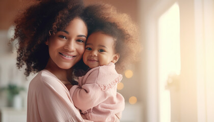 Young Black Mom Holding Baby Toddler, Hugging Carrying Adorable Little Son Posing Standing Indoors