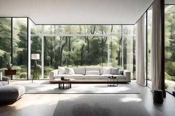 A serene living room with floor-to-ceiling windows, capturing a white empty canvas frame against a backdrop of nature.
