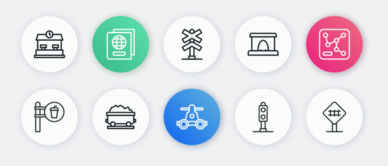 Set line Handcar transportation, Railway map, Cafe restaurant location, Train traffic light, tunnel, Railroad crossing, and Coal train wagon icon. Vector