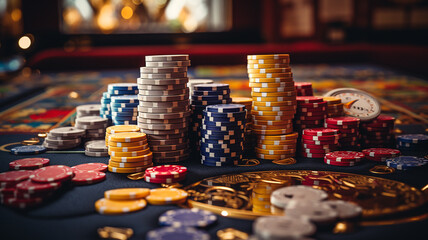 Naklejka na ściany i meble Casino cards roulette, gambling, nightlife, online casino, virtual poker, Texas Hold'em poker, karts gambling games, get lucky, gambling background banner tokens .