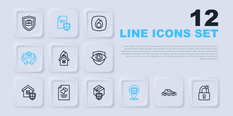 Set line Flood car, Broken or cracked lock, Fire in burning house, Location shield, House hand, Marriage contract, Contract with and Delivery security icon. Vector