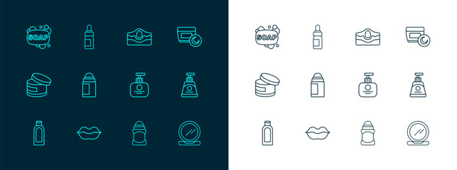 Set line Cream or lotion cosmetic tube, Smiling lips, Tube of hand cream, Deodorant roll, Acne, Bar soap and Essential oil bottle icon. Vector
