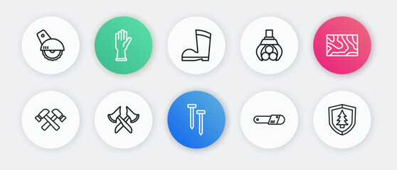 Set line Metallic nails, Wooden beam, Crossed hammer, Chainsaw, Grapple crane grabbed log, Waterproof rubber boot, Shield with tree and axe icon. Vector