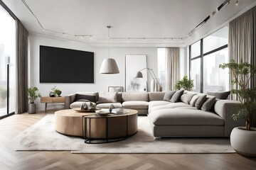 A modern living room with sleek furnishings, where a blank white canvas frame for a mockup provides an element of artistic intrigue.
