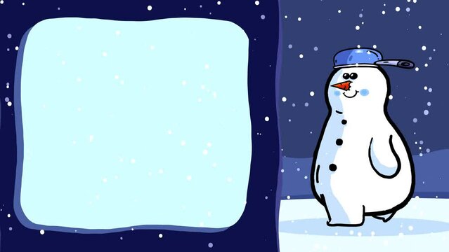 Snowman with pan on head. Cute character cartoon animation walking in snow on title background frame. Frame template blank good for titles. Sweet white blue winter background.
