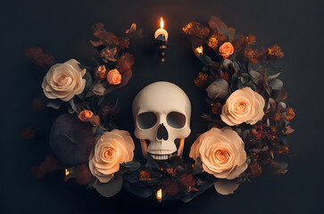 halloween day of the dead skull with flowers in a circle paper art style ai generated background