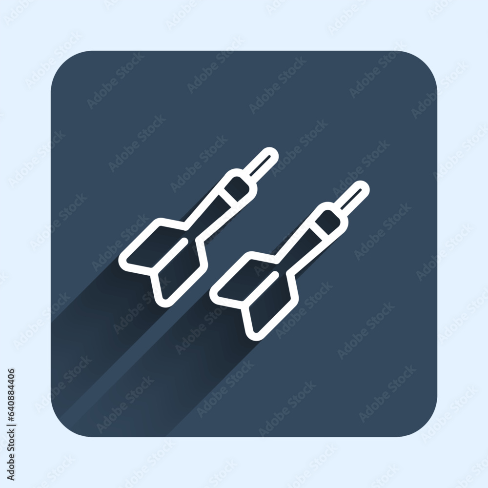 Sticker White line Dart arrow icon isolated with long shadow background. Blue square button. Vector