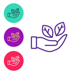 Set line Hand hold a leaf of the plant icon isolated on white background. Care nature. Leaf shoots with environmental protection. Set icons colorful. Vector