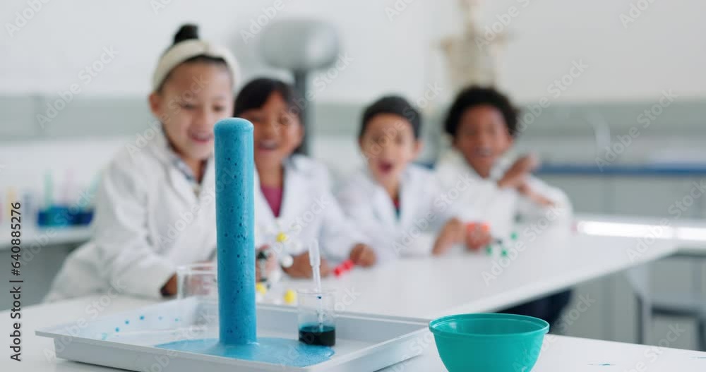 Canvas Prints Science, experiment and reaction with children in a classroom for education, learning or development. School, study and laboratory with a group of student kids in class for chemical test or research