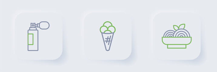 Set line Pasta spaghetti, Ice cream in waffle and Perfume icon. Vector