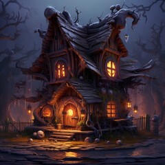 Fototapeta premium sinister sorceress's enchanted cottage amidst chaotic planks, Generative AI