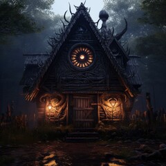 Fototapeta na wymiar sinister sorceress's enchanted cottage amidst chaotic planks, Generative AI