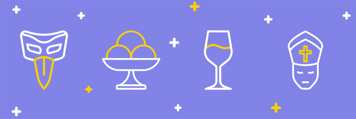 Set line Pope, Wine glass, Ice cream the bowl and Carnival mask icon. Vector