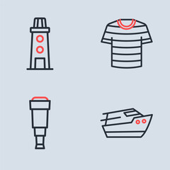 Set line Striped sailor t-shirt, Spyglass telescope lens, Speedboat and Lighthouse icon. Vector