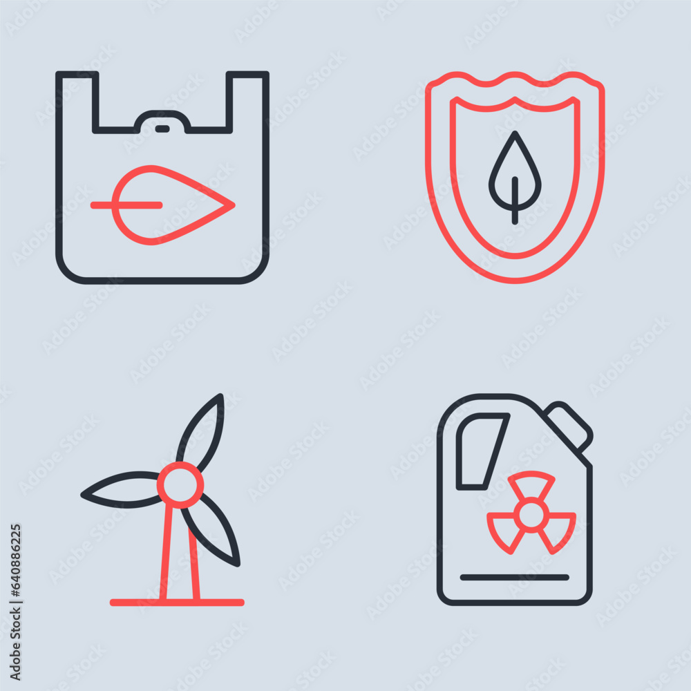 Poster Set line Shield with leaf, Wind turbine, Radioactive waste barrel and Shopping bag recycle icon. Vector