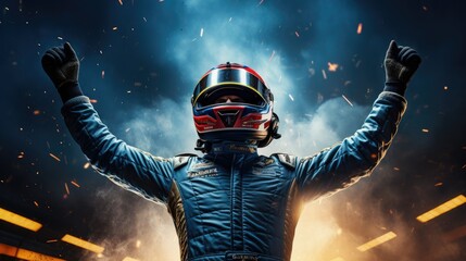 Formula one racing team driver cheering, celebrating victory on sports track. Generative AI