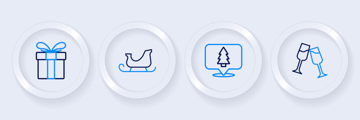 Set line Glass of champagne, Christmas tree, santa claus sleigh and Gift box icon. Vector