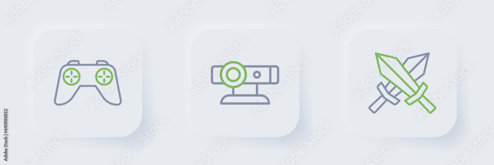 Poster set line sword for game, web camera and game controller joystick icon. vector