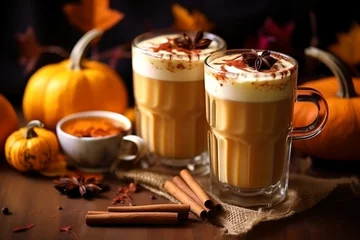 Fotobehang Pumpkin latte, generative ai picture of delicious autumn drink with traditional spices. © inspiretta
