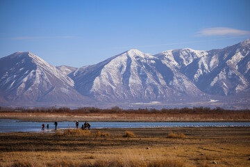 people standing on the beach of utah lake with mountains