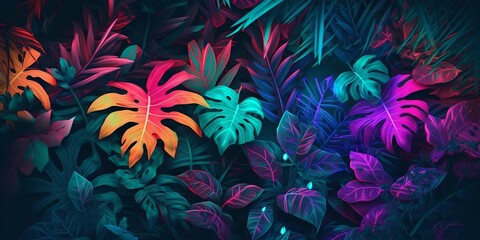 Fototapeta na wymiar Tropical leaves neon, generative ai