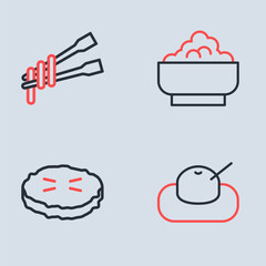 Set line Rice in a bowl, Homemade pie, Mochi and Food chopsticks with noodles icon. Vector