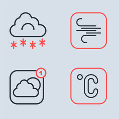 Set line Wind, Weather forecast app, Celsius and Cloud with snow icon. Vector