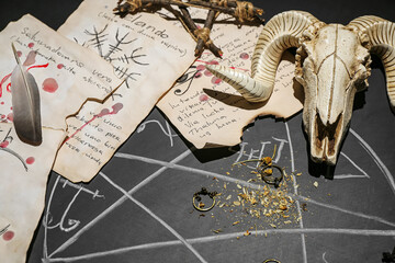 Witch's magic attributes with drawn pentagram on dark background