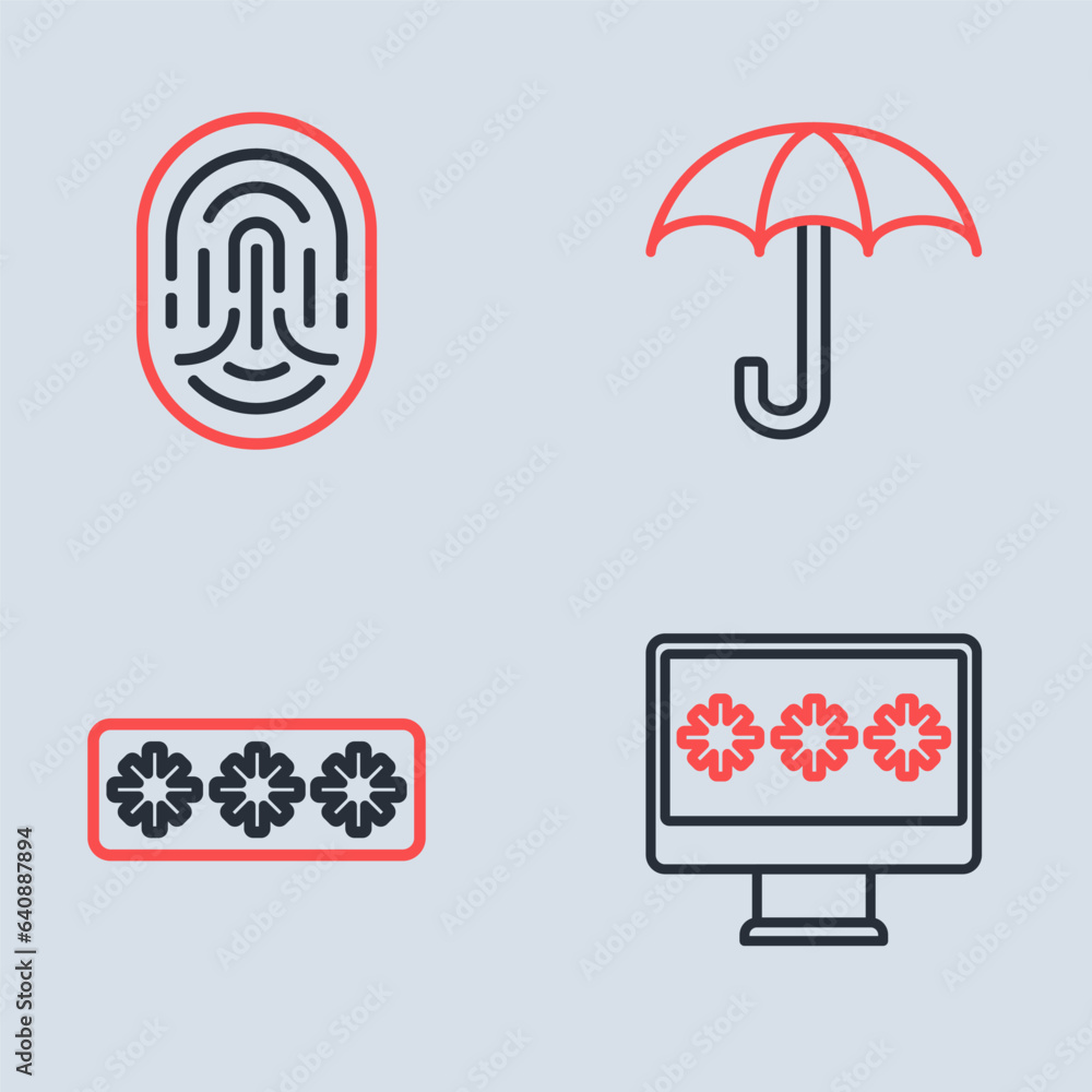 Poster set line umbrella, password protection, monitor with password and fingerprint icon. vector