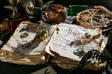 Witch's magic attributes with spell book on dark background, closeup