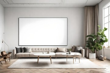 A minimalist living room featuring an unadorned white canvas frame, emphasizing its potential as a blank canvas for a mockup for imagination.

