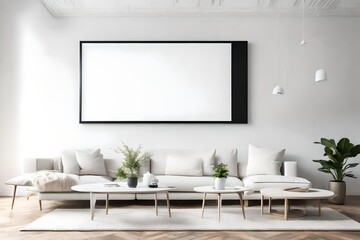 A minimalist living room featuring an unadorned white canvas frame, emphasizing its potential as a blank canvas for a mockup for imagination.
