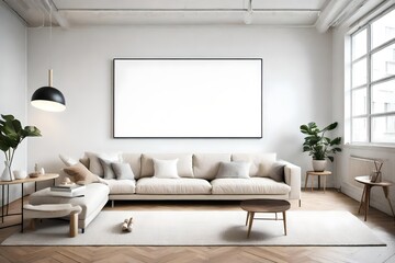 A minimalist living room featuring an unadorned white canvas frame, emphasizing its potential as a blank canvas for a mockup for imagination.
