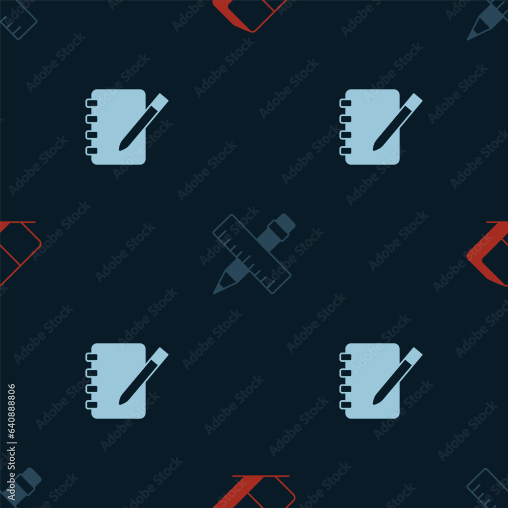 Poster set eraser or rubber, crossed ruler and pencil and notebook on seamless pattern. vector