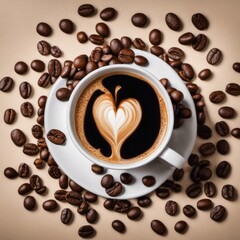 Coffee in a White Cup With Coffee Beans Background for International Coffee Day