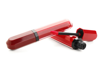 Beautiful liquid red lipsticks in different shades on white background