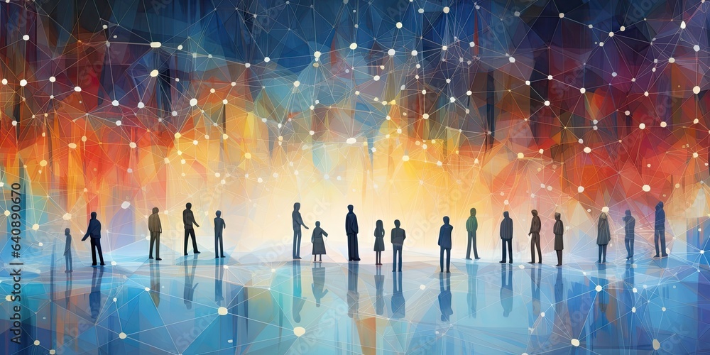 Poster the world is represented by a colorful and abstract network involving human figures generative ai