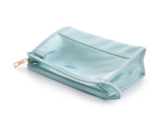 Stylish blue cosmetic bag on white background