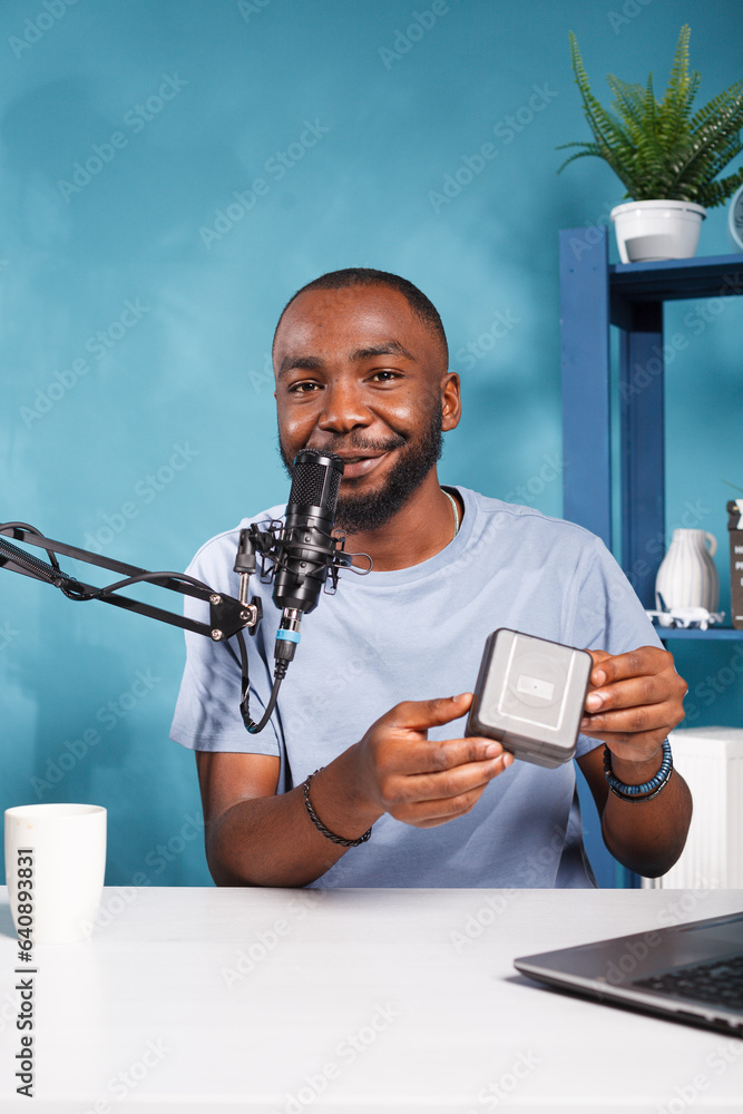 Poster smiling streamer hosting giveaway marketing campaign and broadcasting live for social media networks