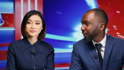 Diverse journalists host morning show on tv presenting daily events or scandals for entertainment...