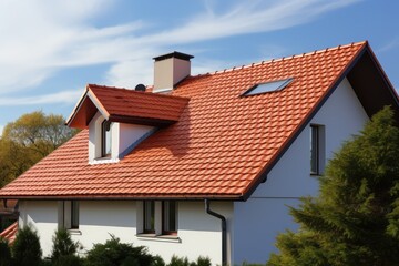 Sloped red clay tile roof with round beaver tail edge - obrazy, fototapety, plakaty
