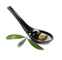 Spoon of fresh olive oil on white background