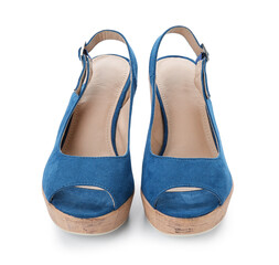 Stylish blue sandals on white background