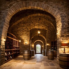 Intricately designed wine cellar.  Bottles of wine are lining the shelves - Generative AI